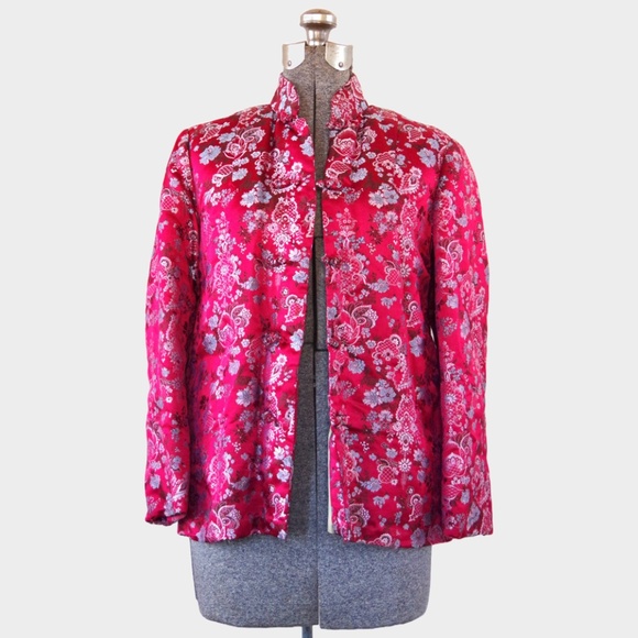 Traditional Chinese Padded Jacket Pink Silk Asian Jacket w/ Blue Accents - Picture 2 of 14